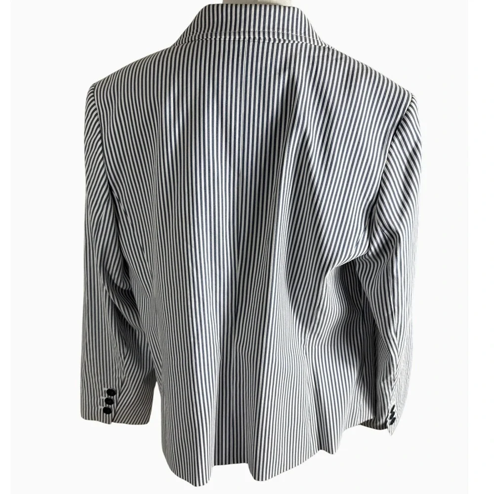 Nine West Womens 14W Blue White Striped Blazer Two Button Cotton Blend Jacket - Picture 2 of 9